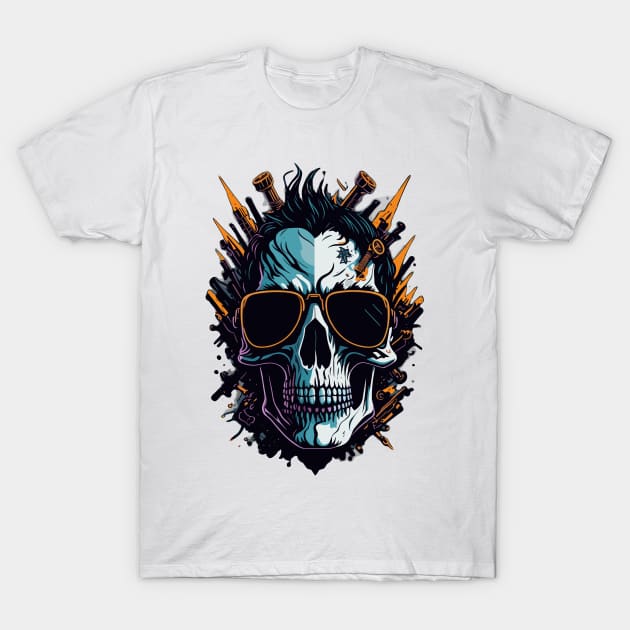Skull with guns wearing sunglasses T-Shirt by Absent-clo